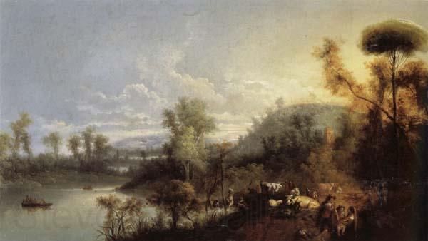 Manuel Barron Y Carrillo River Landscape with Figures and Cattle